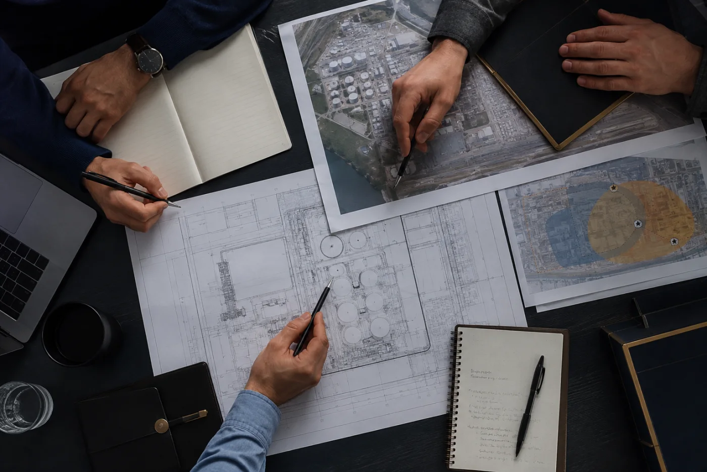 Specialists reviewing industrial property plans and exposure maps
